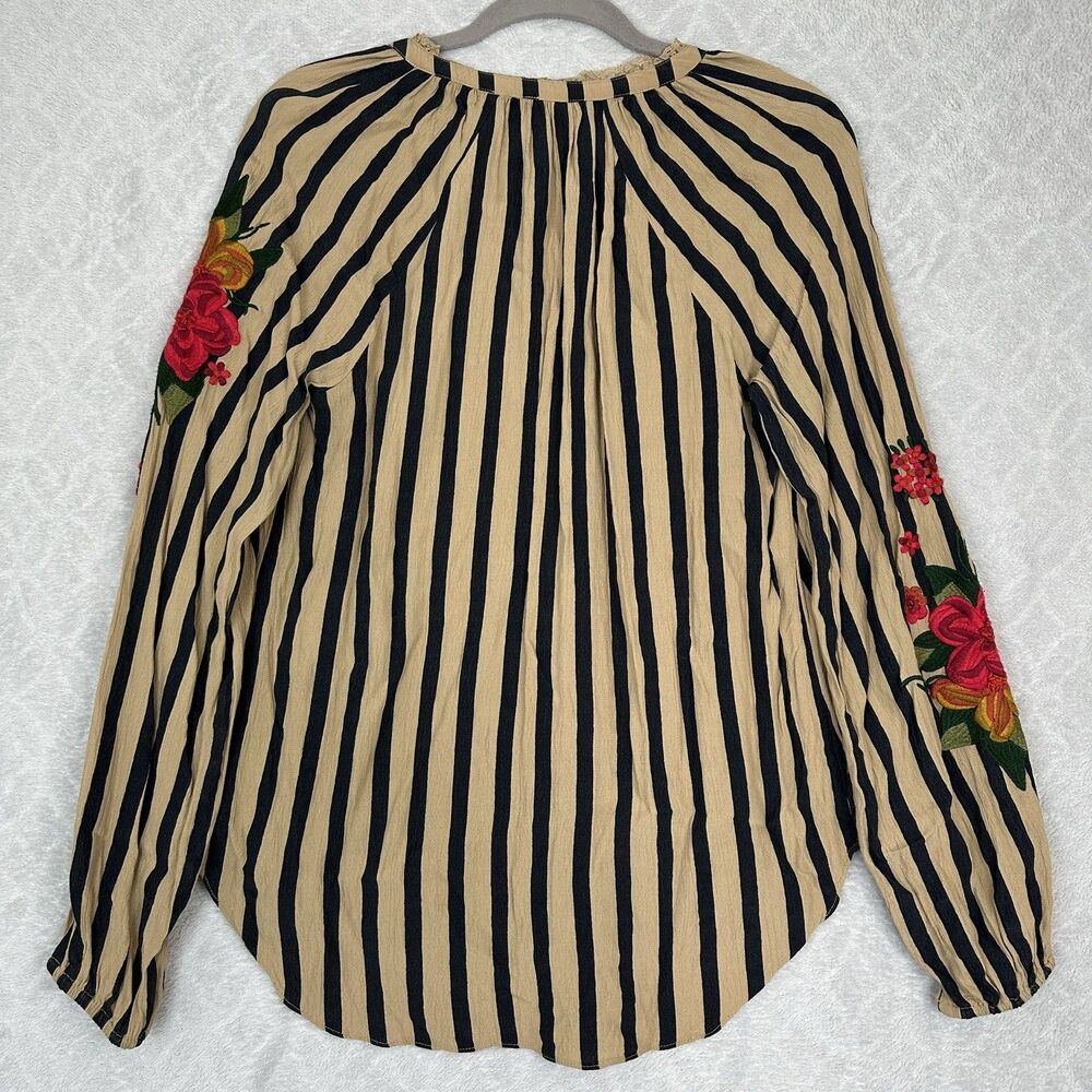 Anthropologie Akemi + Kin Manuela Blouse Womens M Black Tan Stripe Embroidered - Picture 11 of 14
